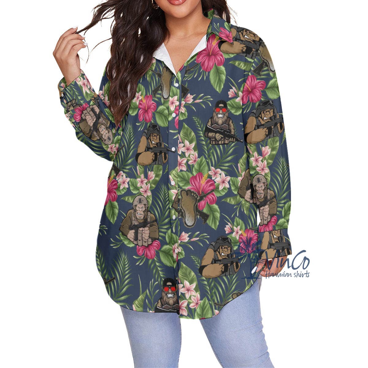 Floral Bigfoot Tacticals Hawaiian Plus Size Shirt For Women