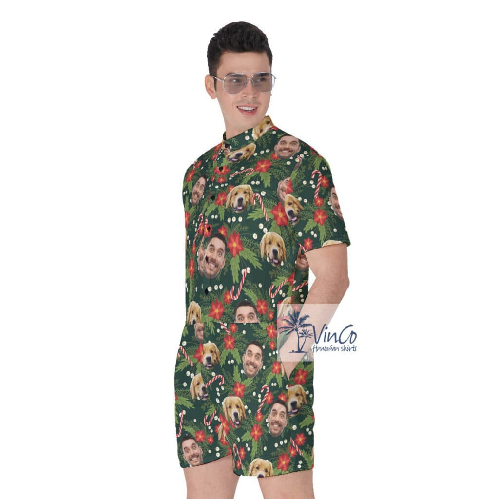 Floral Christmas Custom Face Hawaiian Romper For Men