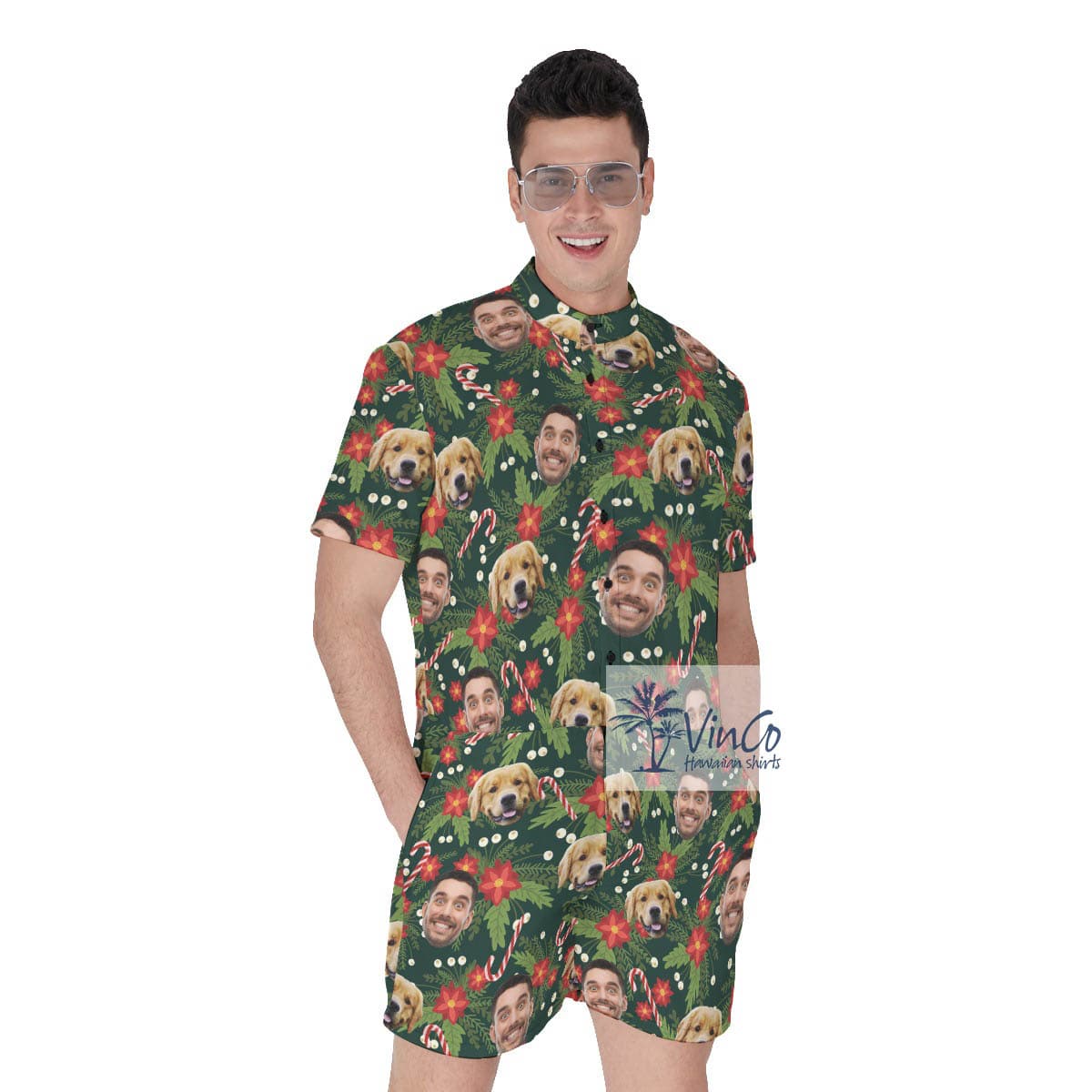 Floral Christmas Custom Face Hawaiian Romper For Men