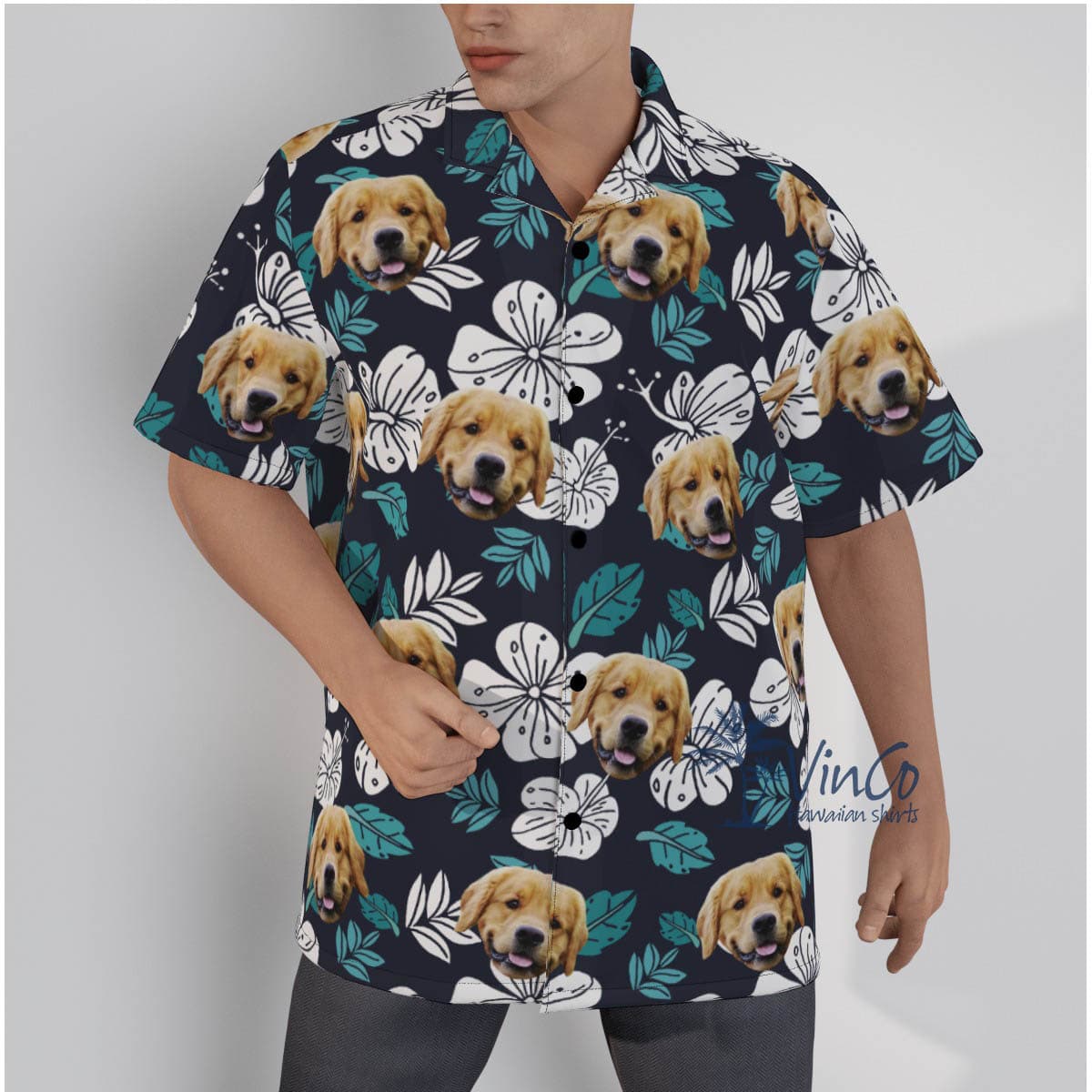 Floral Custom Dog Face Hawaiian Button Shirt For Men (2)