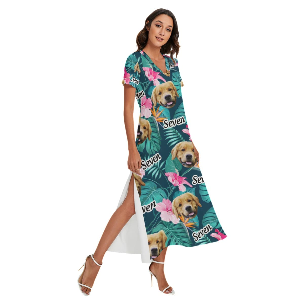 Floral Custom Dog Face Hawaiian V-neck Dress With Side Slit