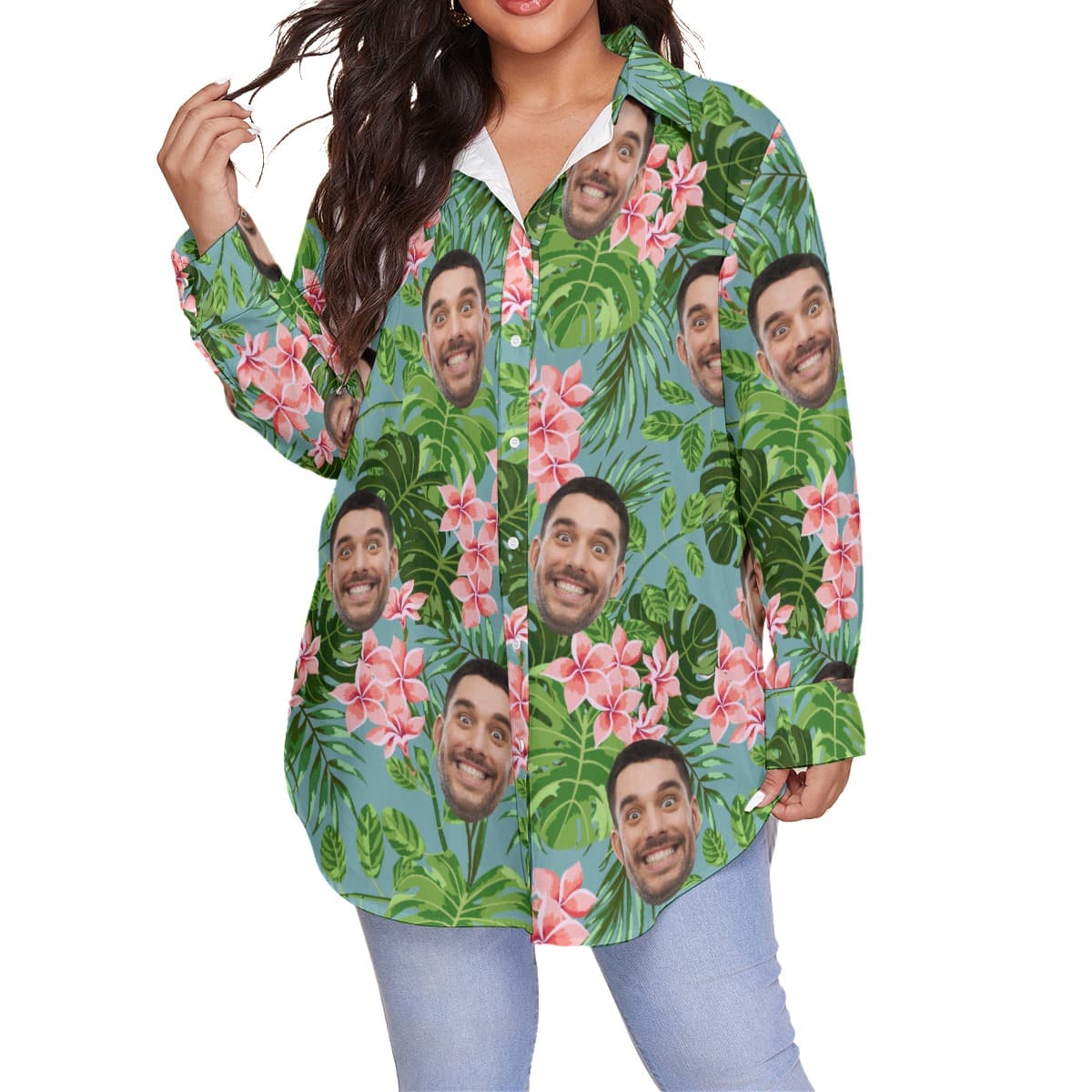 Floral Custom Face Oversized Hawaiian Shirt For Women (1)