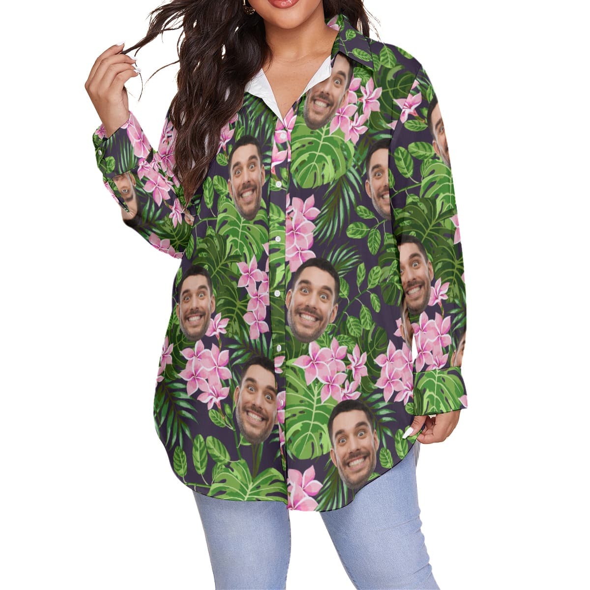 Floral Custom Face Plus Size Hawaiian Shirts For Women (1)