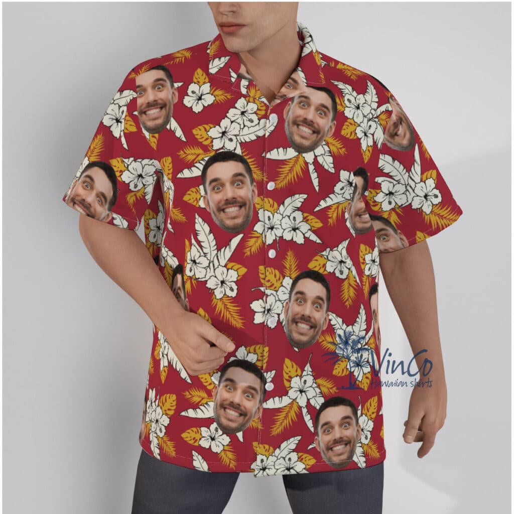 Floral Custom Face Red Hawaiian Shirt With Face (1)