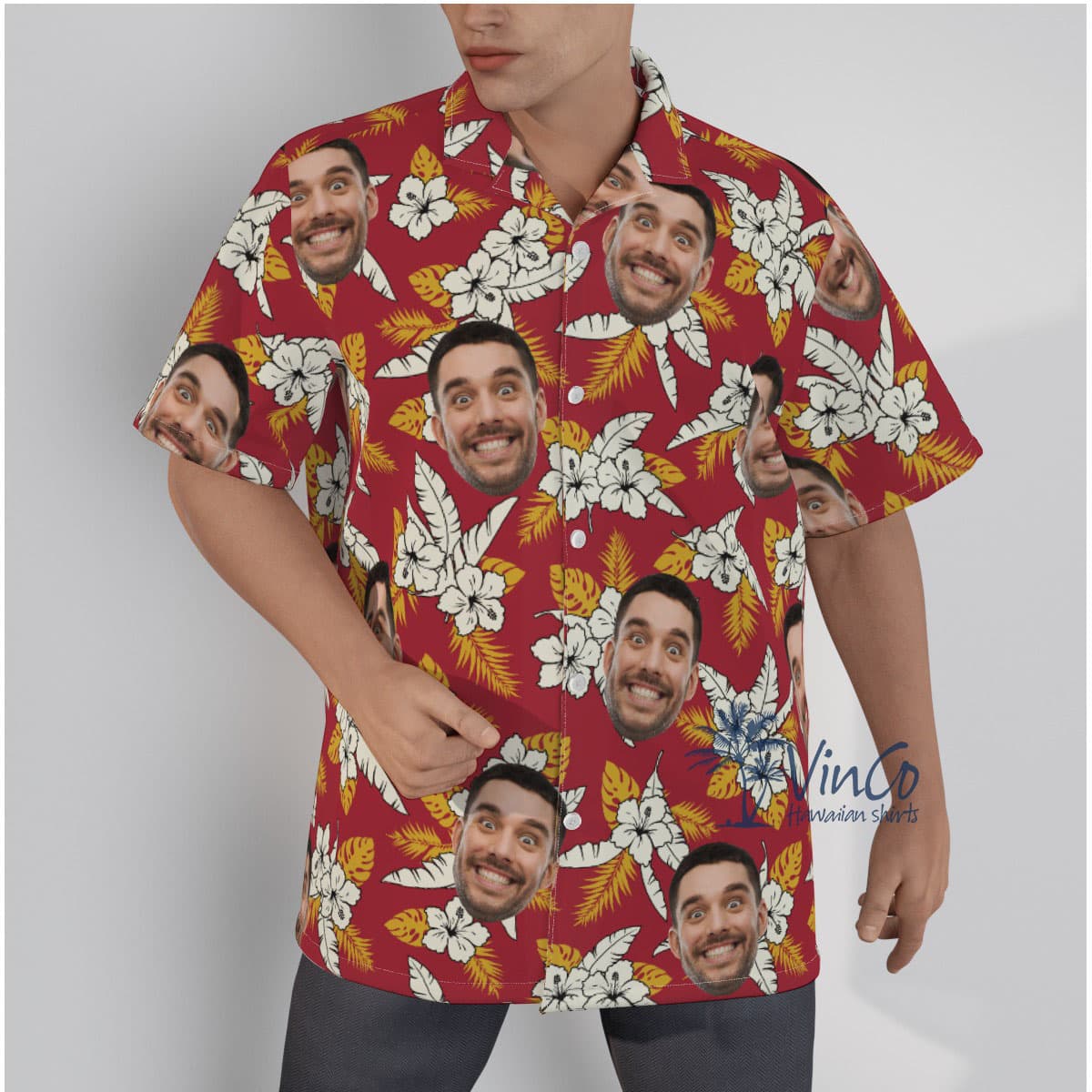 Floral Custom Face Red Hawaiian Shirt With Face (1)