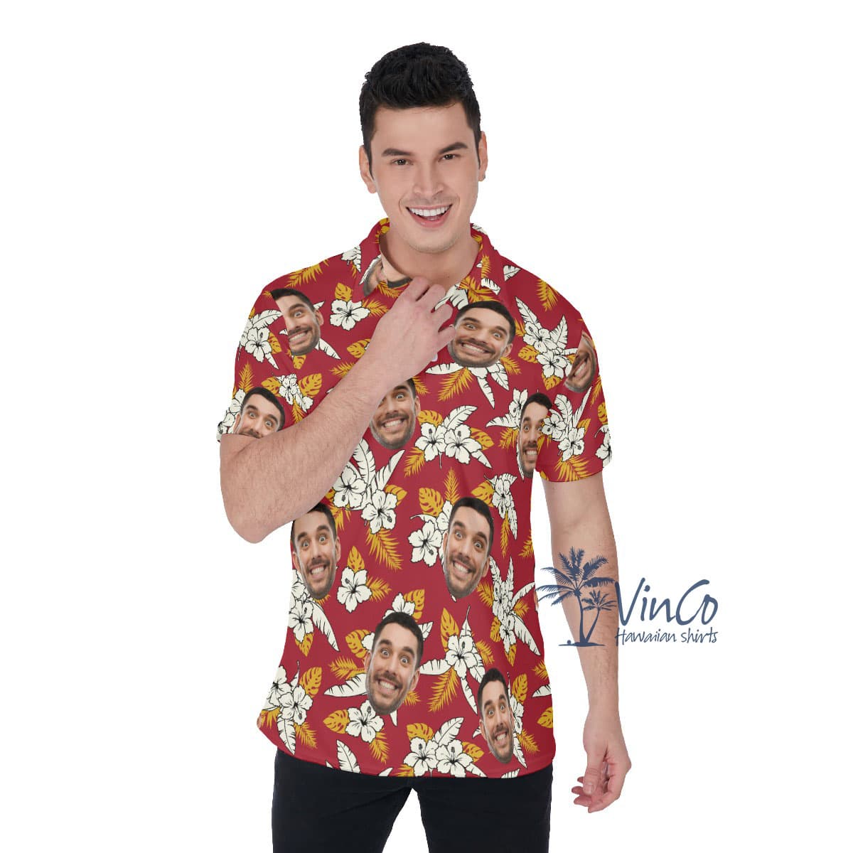 Floral Custom Face Red Men's Hawaiian Polo Shirt (3)