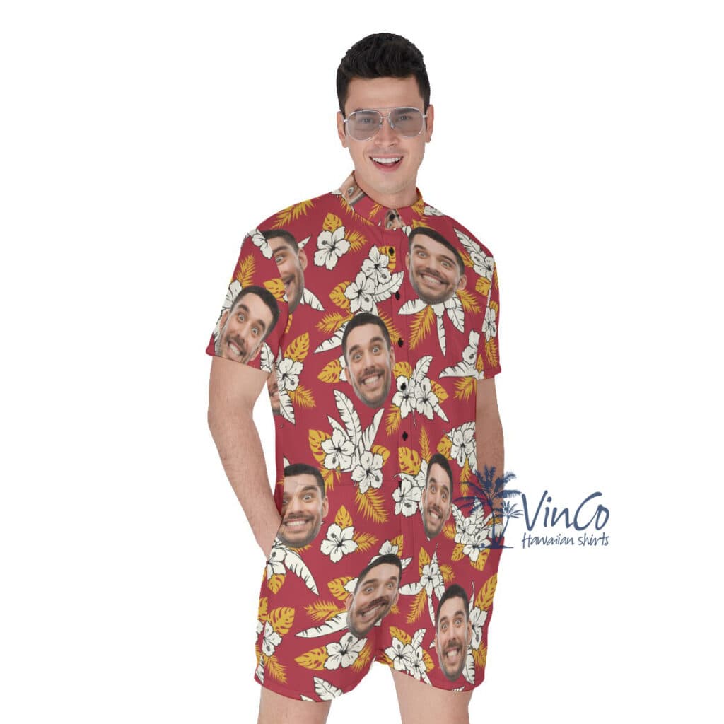 Floral Custom Face Red Men's Hawaiian Romper (1)