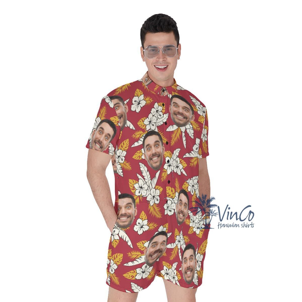 Floral Custom Face Red Men's Hawaiian Romper (1)