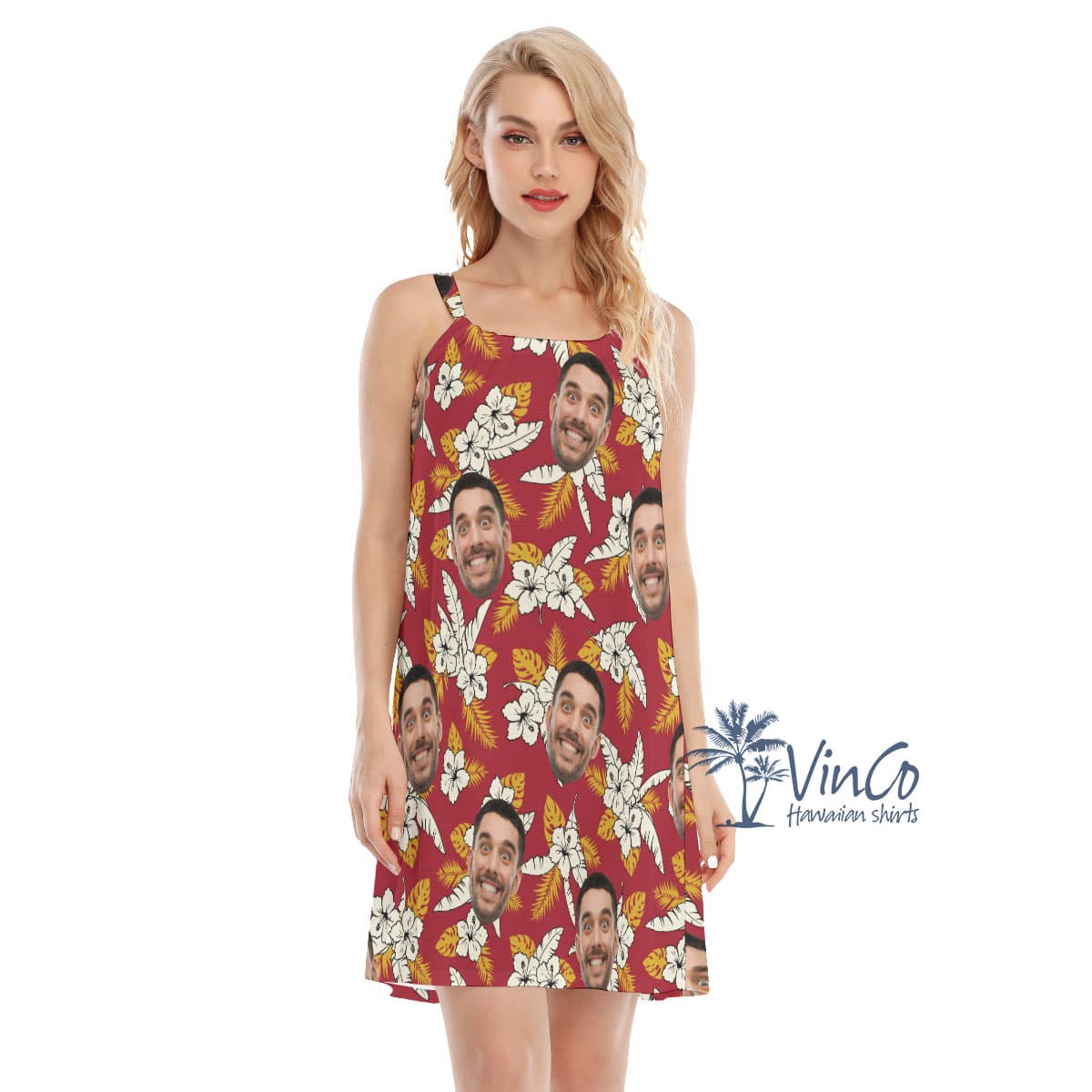 Floral Custom Face Red Women's Cami Dress (1)