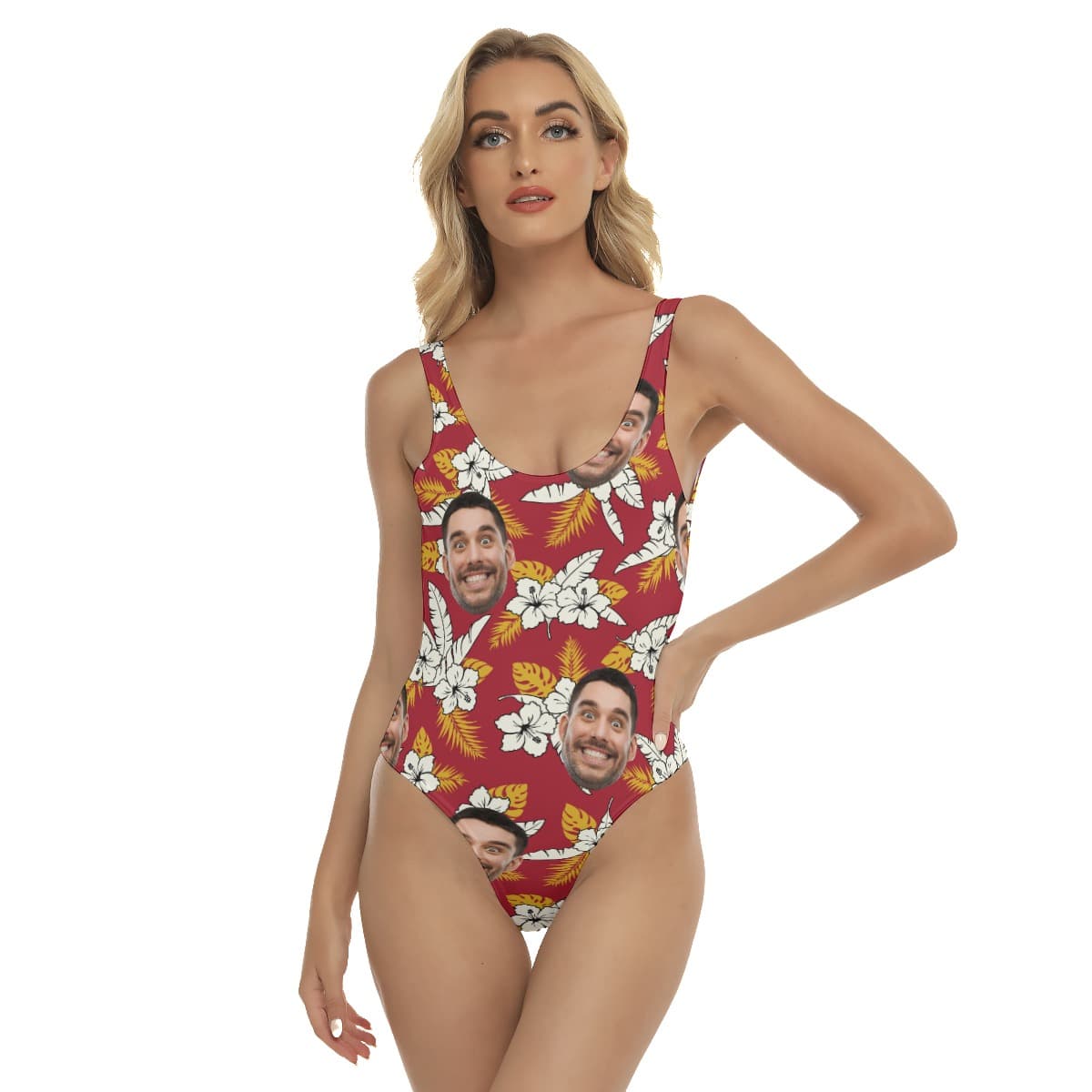 Floral Custom Face Red Women's Hawaiian Swimsuit (1)