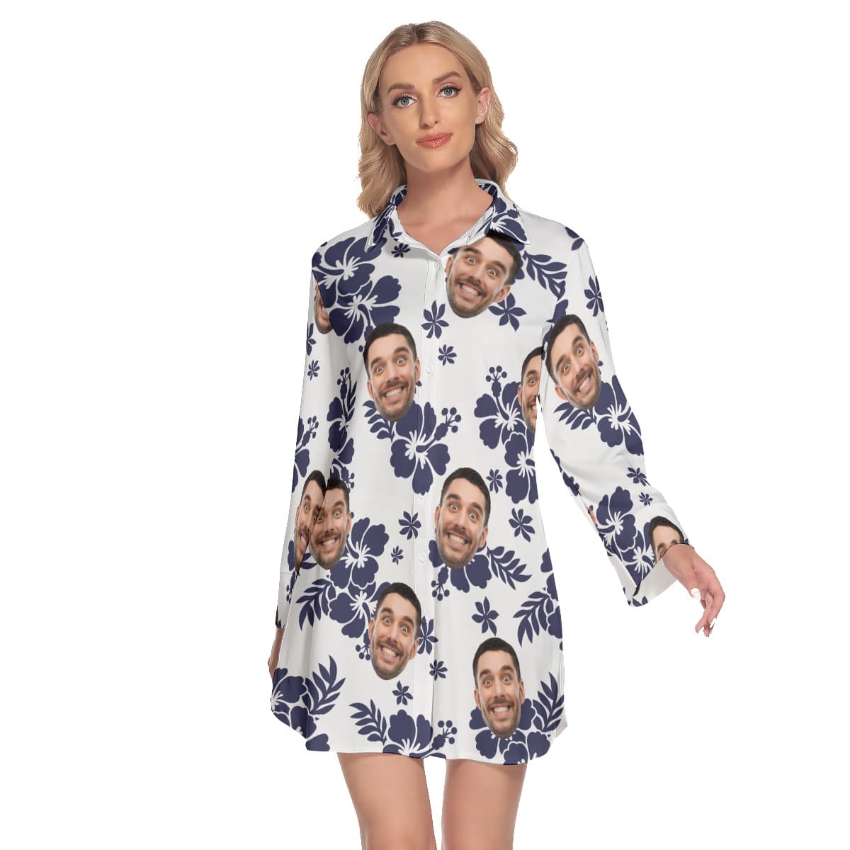 Floral Custom Faces Aloha Shirt Dress For Women (1)