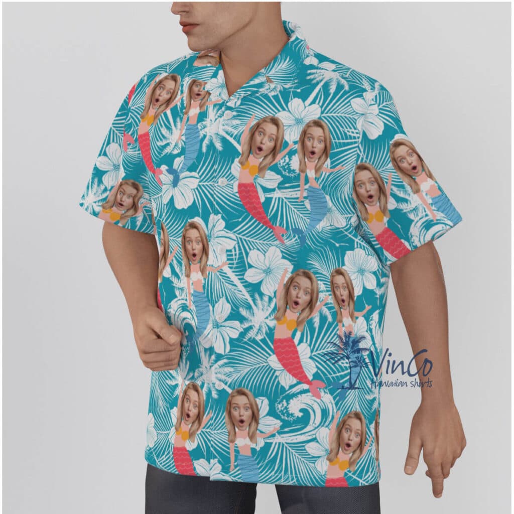Floral Mermaid Custom Face Blue Hawaiian Shirts For Men
