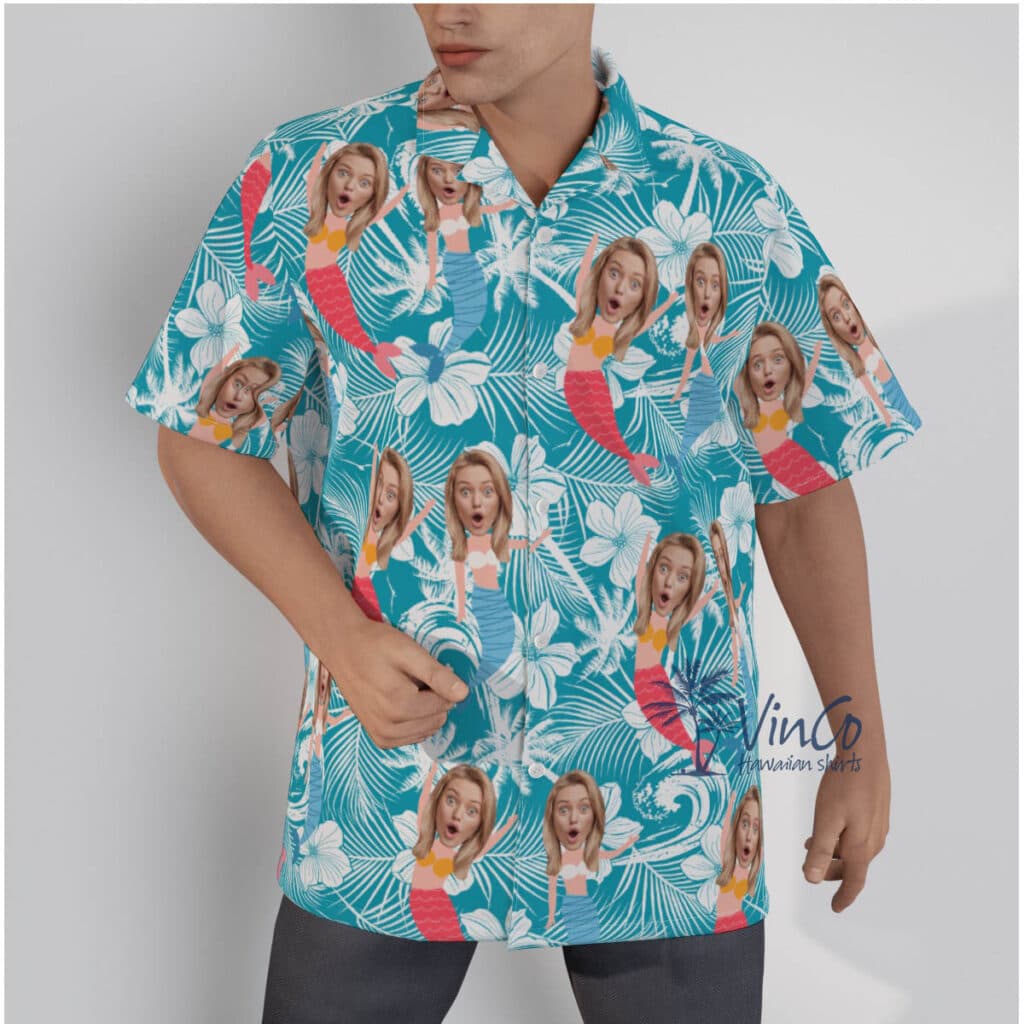 Floral Mermaid Custom Face Blue Hawaiian Shirts For Men