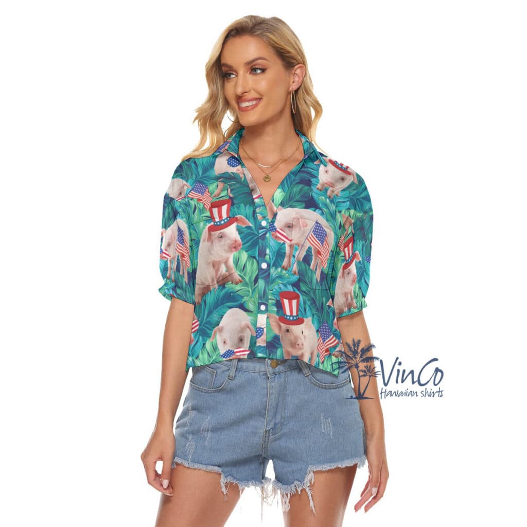 Funny 4th Of July Pig Tropical Hawaiian Crop Top Shirt For Women