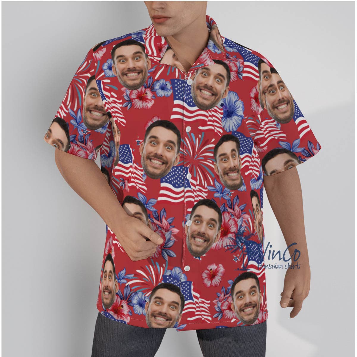 Funny American Flag Custom Face Patriotic Red Hawaiian Shirt