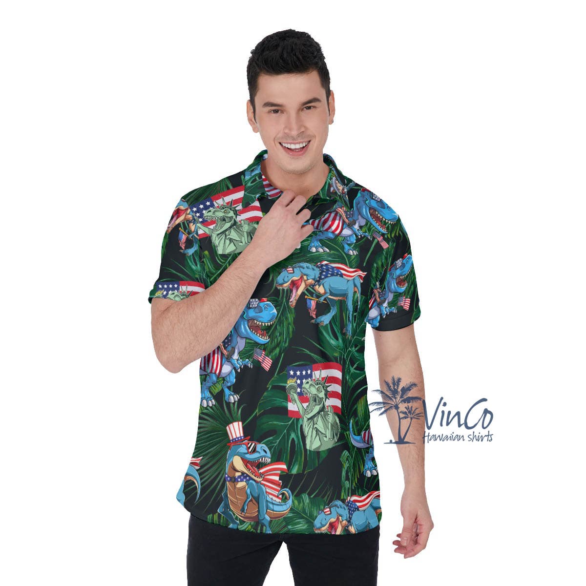 Funny American Flag Dinosaur Green Hawaiian Polo Shirt For Men