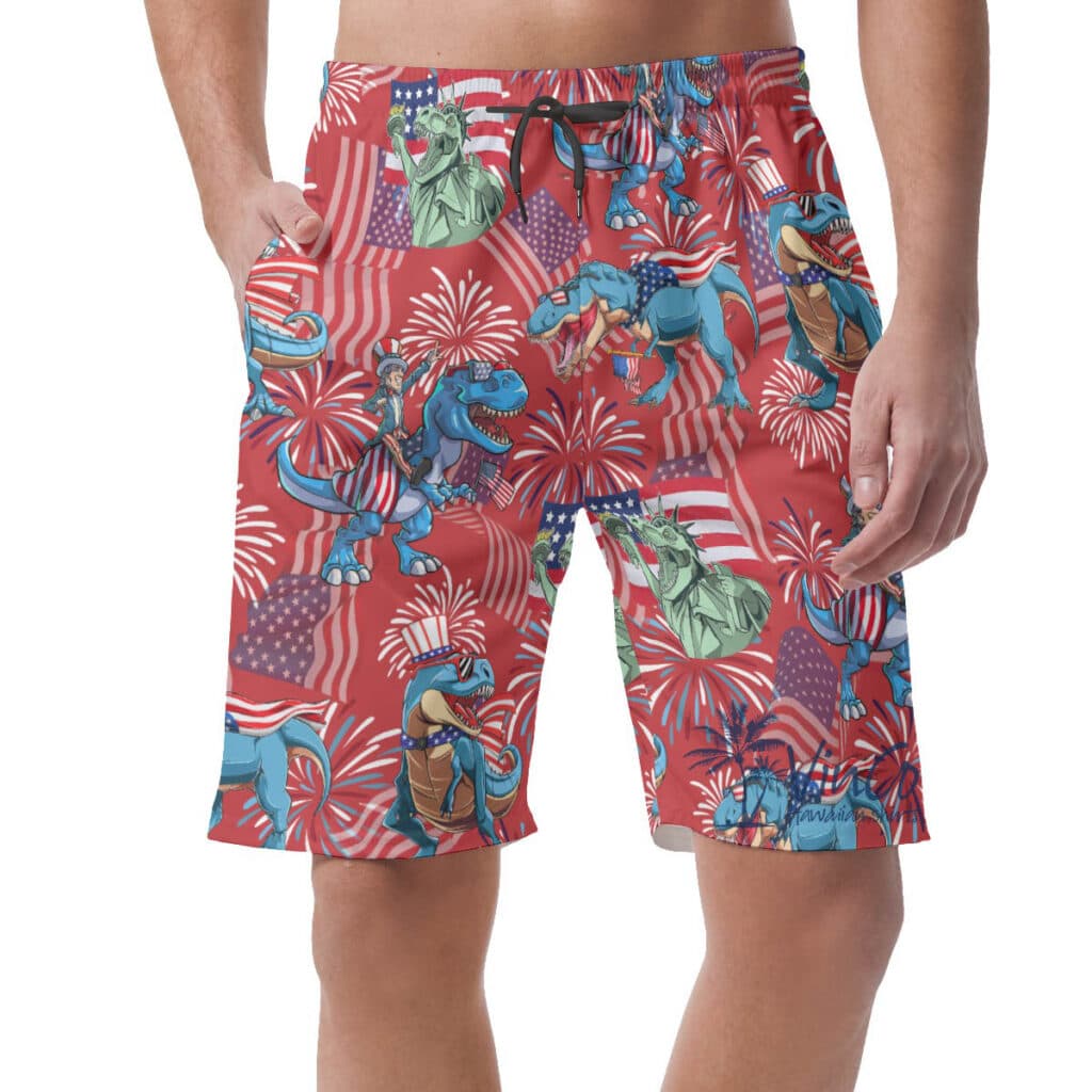 Funny American Flag Dinosaur Patriotic Men's Hawaiian Beach Shorts