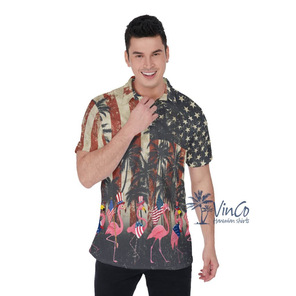 Funny American Flag Flamingo Hawaiian Polo Shirt For Men