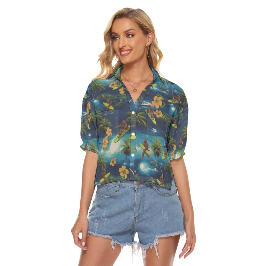 Funny Bigfoot Surfing Palm Tree Hawaiian Cropped Shirt For Women