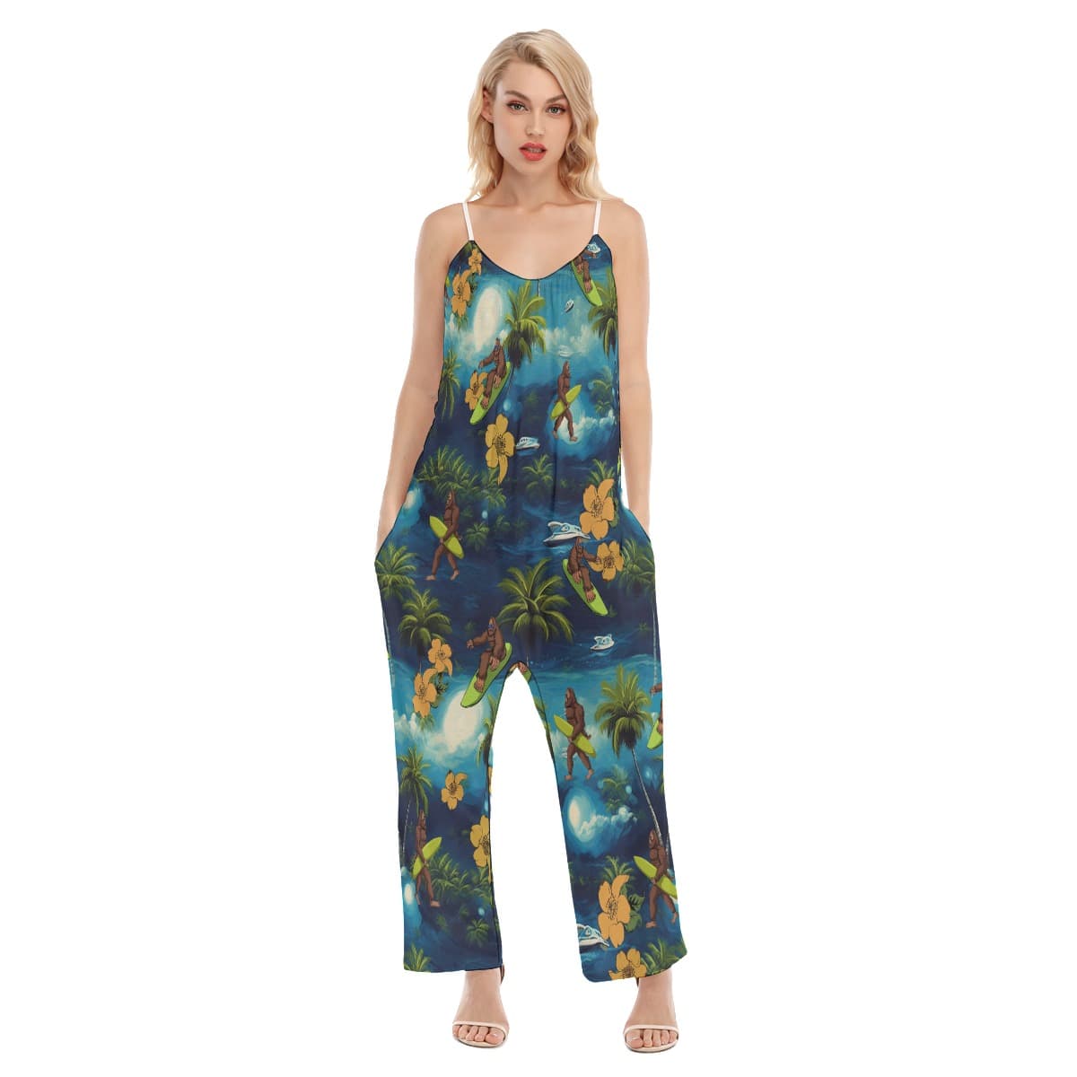 Funny Bigfoot Surfing Tropical Hawaiian Jumpsuit For Women (4)