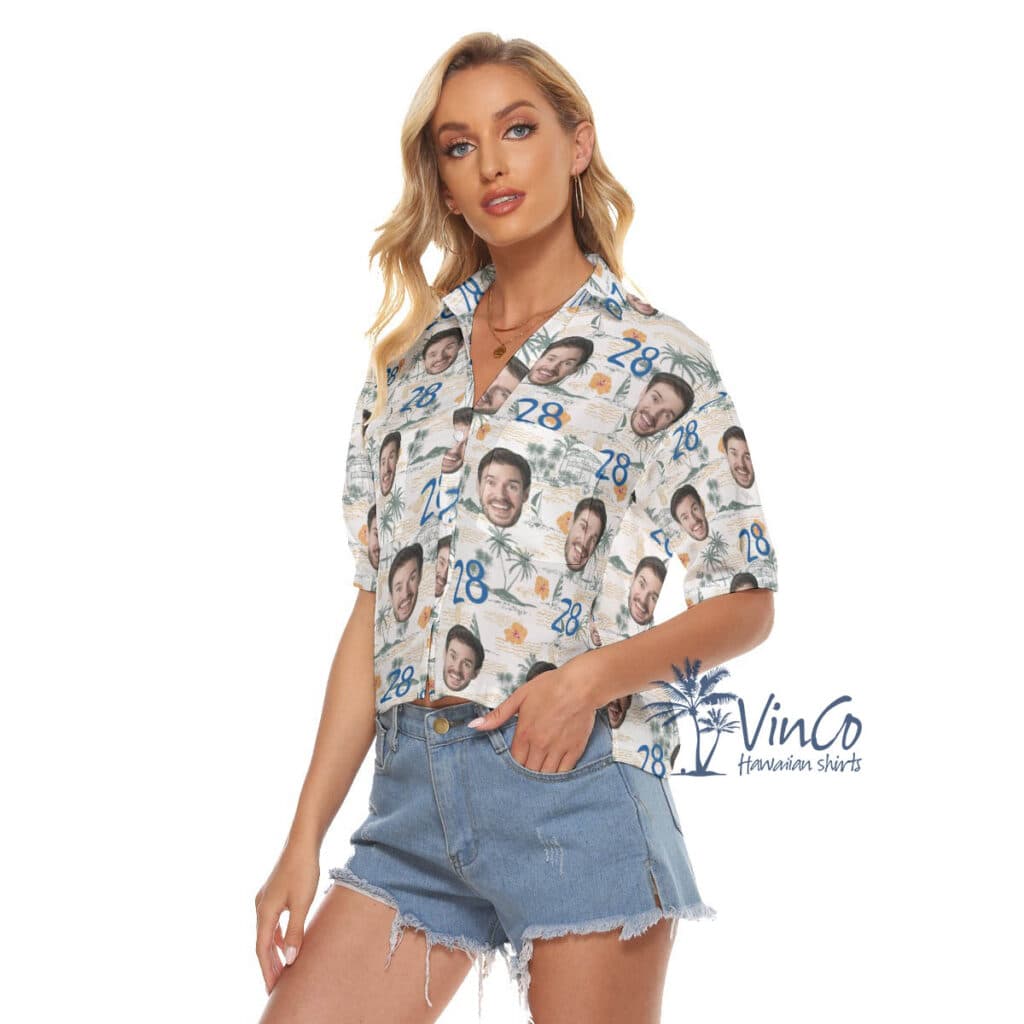 Funny Birthday Gift Custom Face Tropical Hibiscus Hawaiian Crop Top Shirt