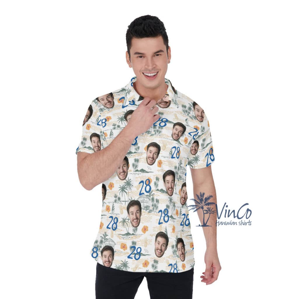 Funny Birthday Gift Custom Face Tropical Palm Tree Hawaiian Polo Shirt For Men