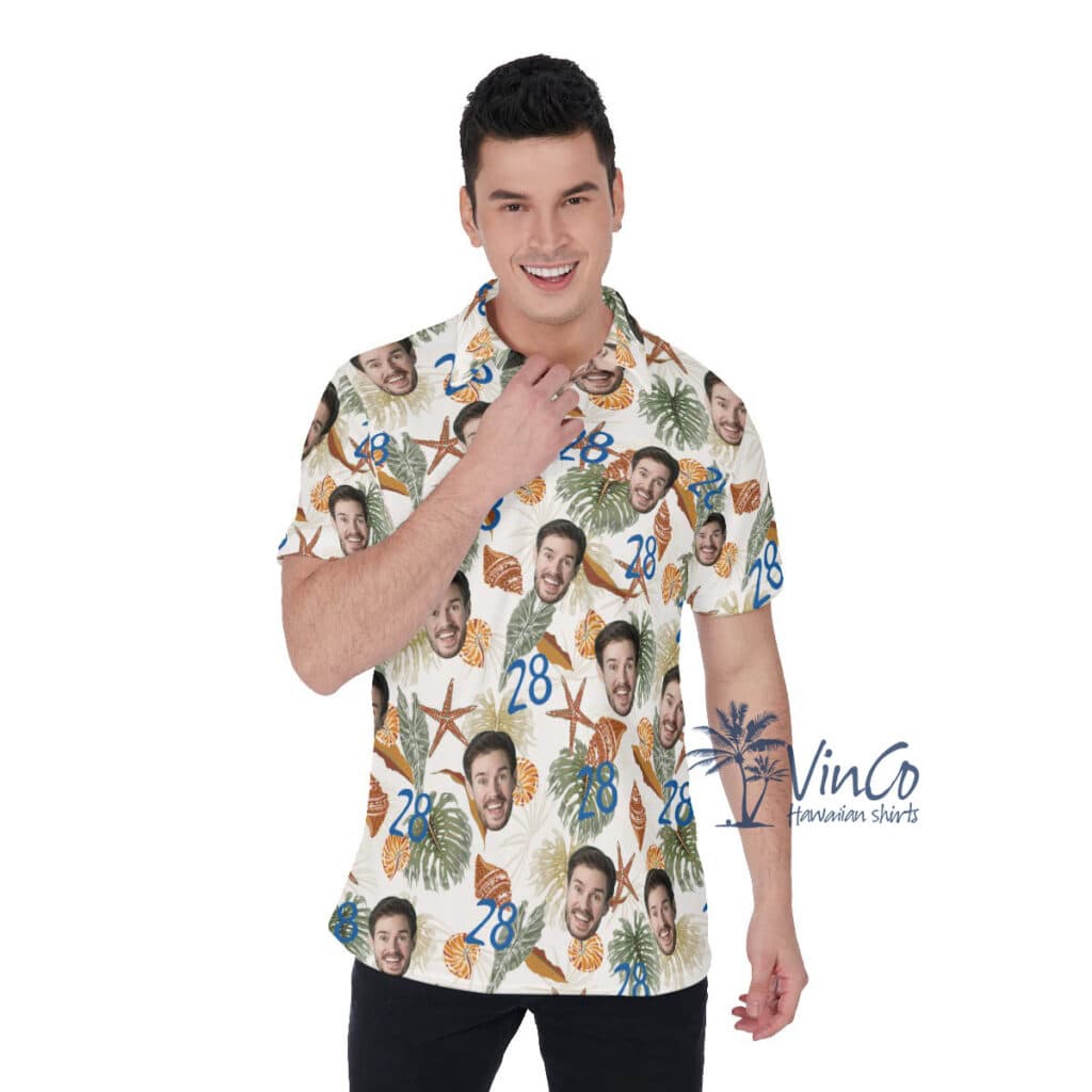 Funny Birthday Gift Custom Tropical Seashell Hawaiian Polo Shirt With Face And Age