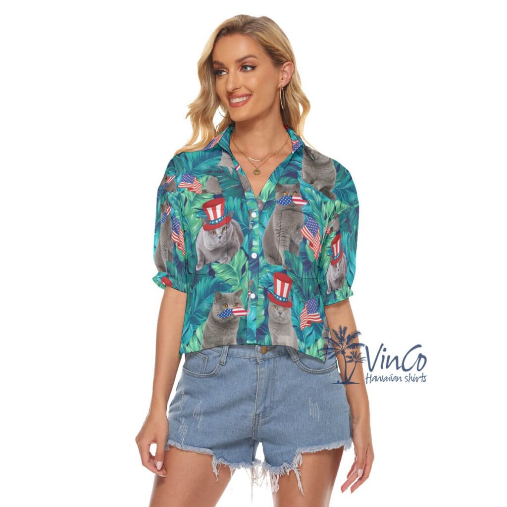 Funny Cat 4th Of July Tropical Hawaiian Crop Top Shirt For Women