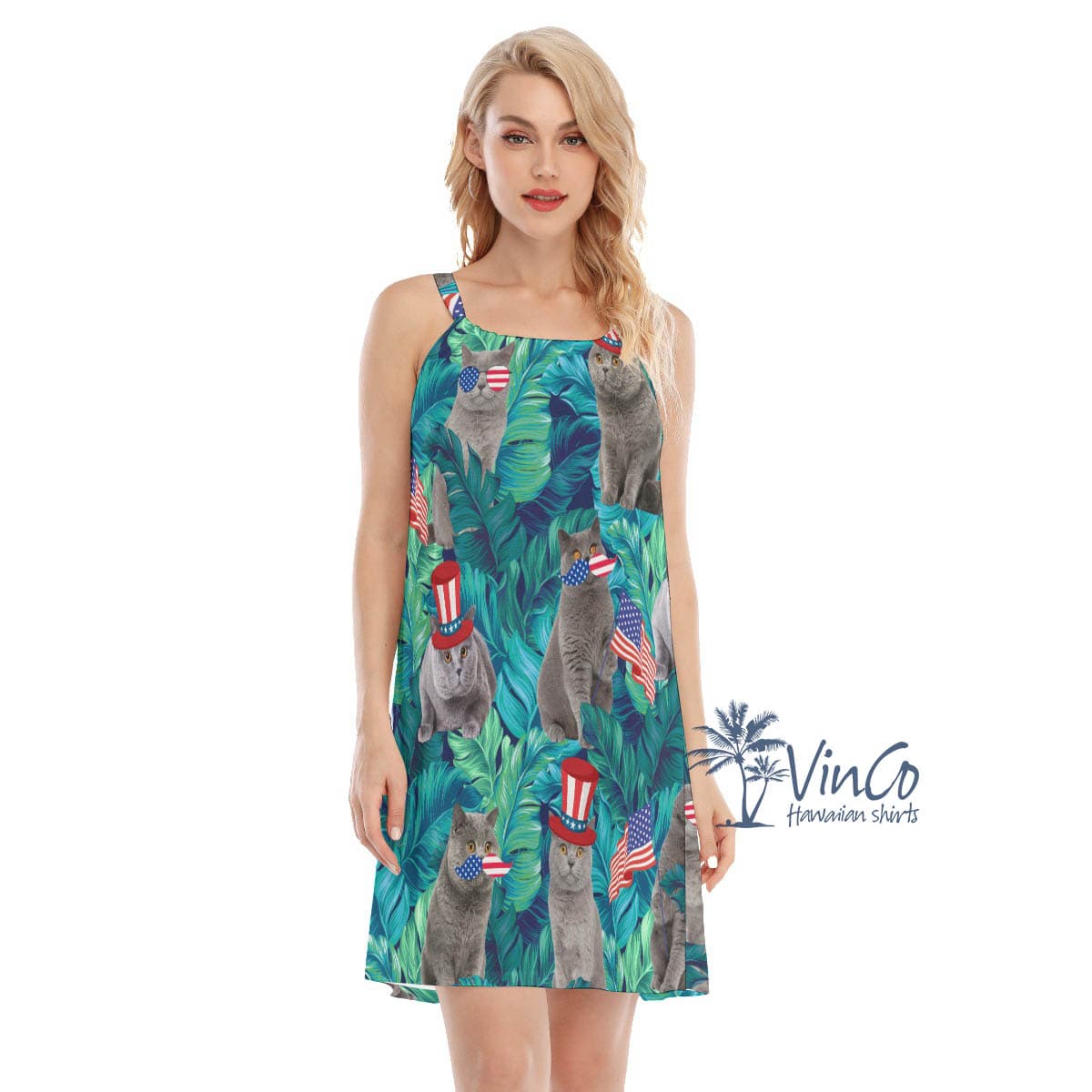 Funny Cat 4th Of July Tropical Leave Hawaiian Dresses For Women (2)