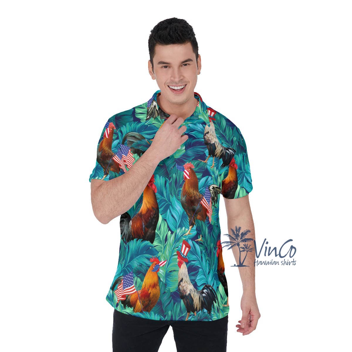 Funny Chicken American Hat Hawaiian Polo Shirt