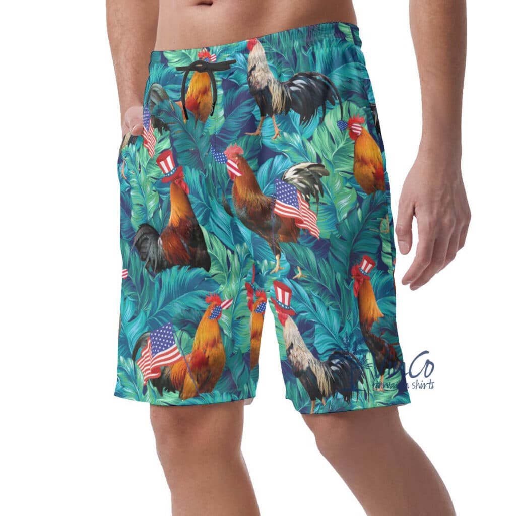 Funny Chicken With American Hat Patriotic Hawaiian Beach Shorts For Men