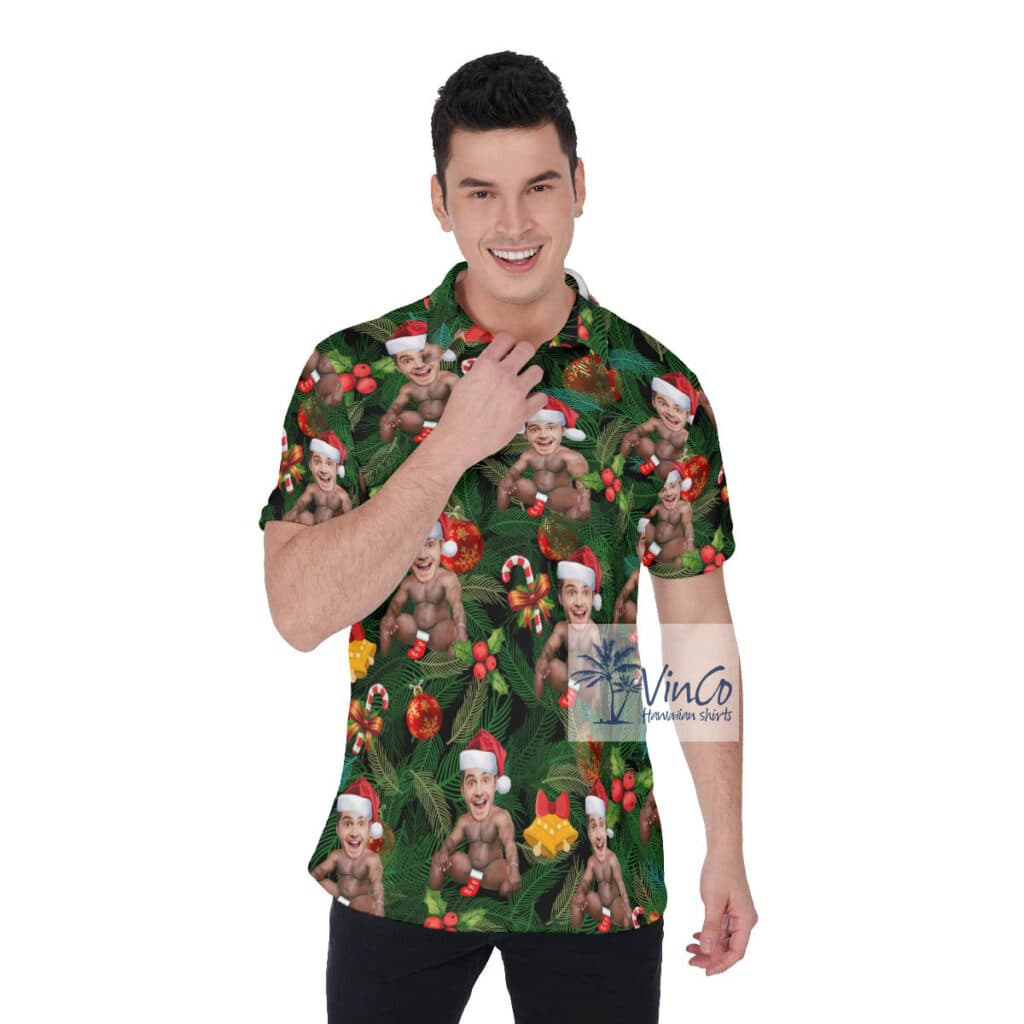 Funny Christmas Barry Wood Custom Face Hawaiian Polo Shirt