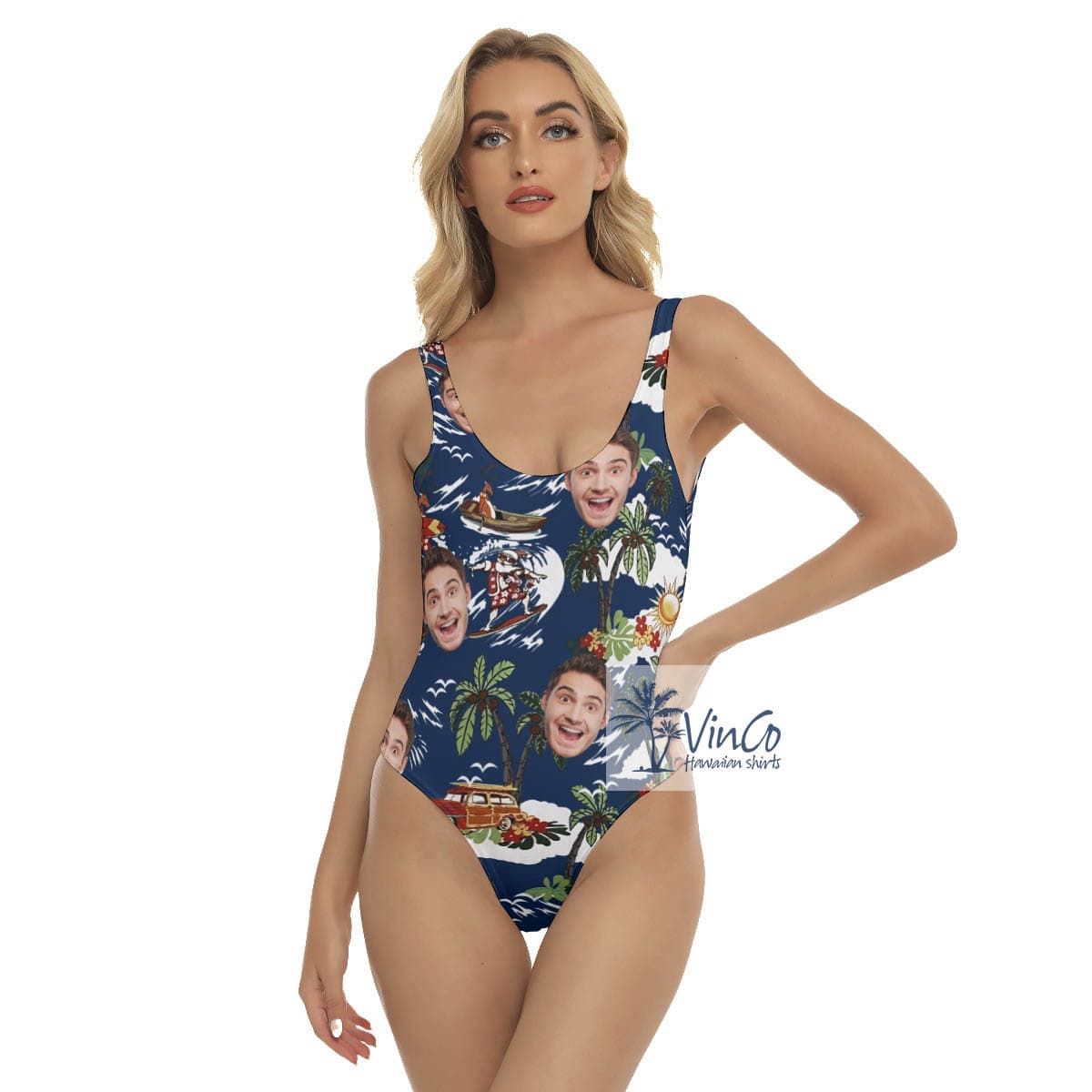 Funny Christmas Reindeer Custom Face Hawaiian Swimsuit For Women (4)