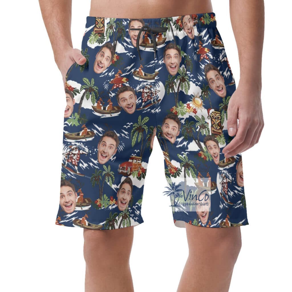 Funny Christmas Reindeer Custom Face Tropical Hawaiian Beach Shorts For Men