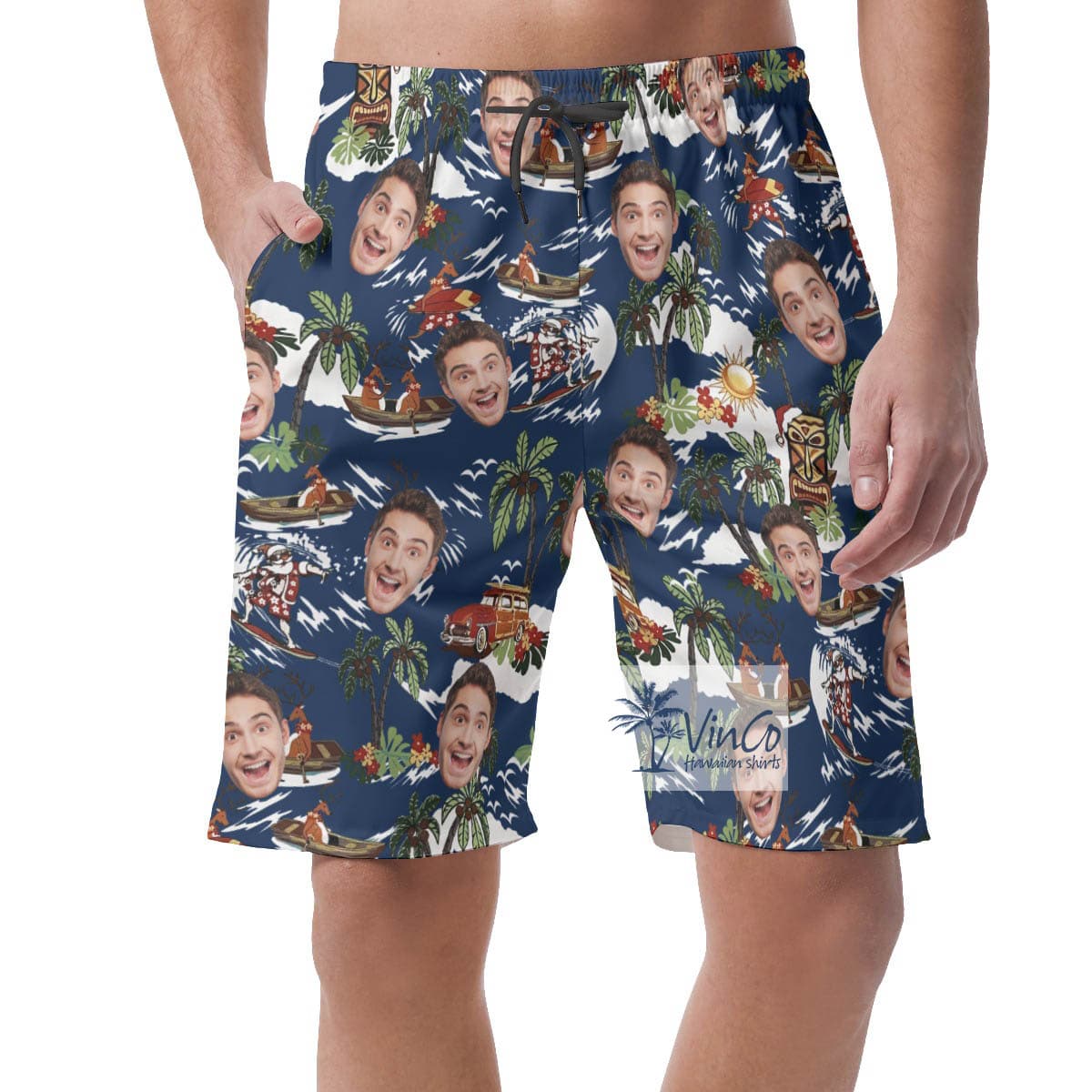Funny Christmas Reindeer Custom Face Tropical Hawaiian Beach Shorts For Men