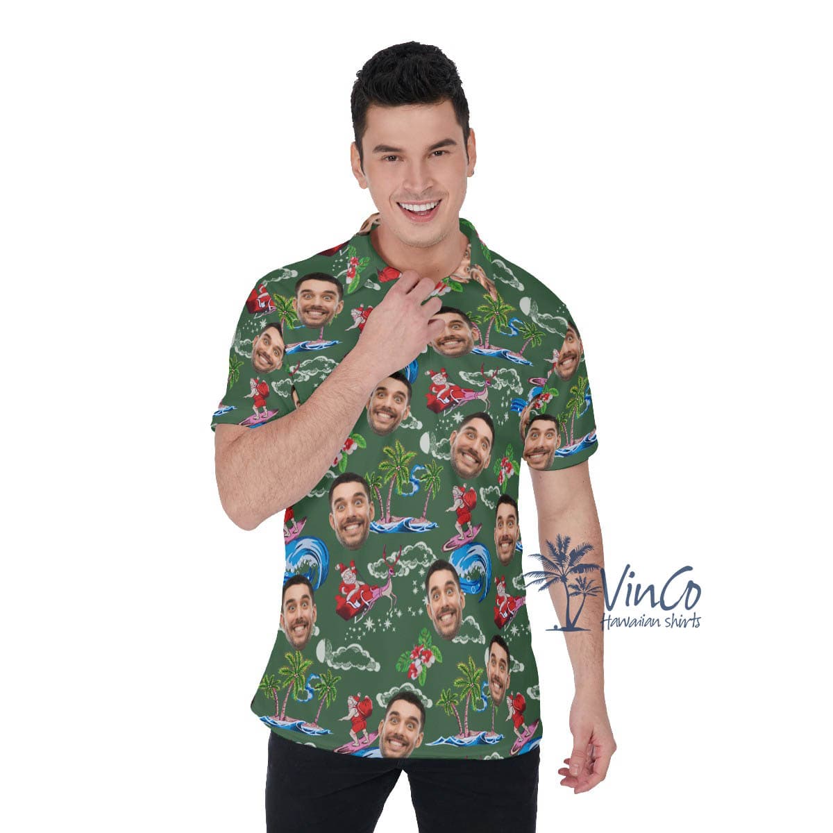 Funny Christmas Santa Surfing Custom Face Hawaiian Polo Shirt