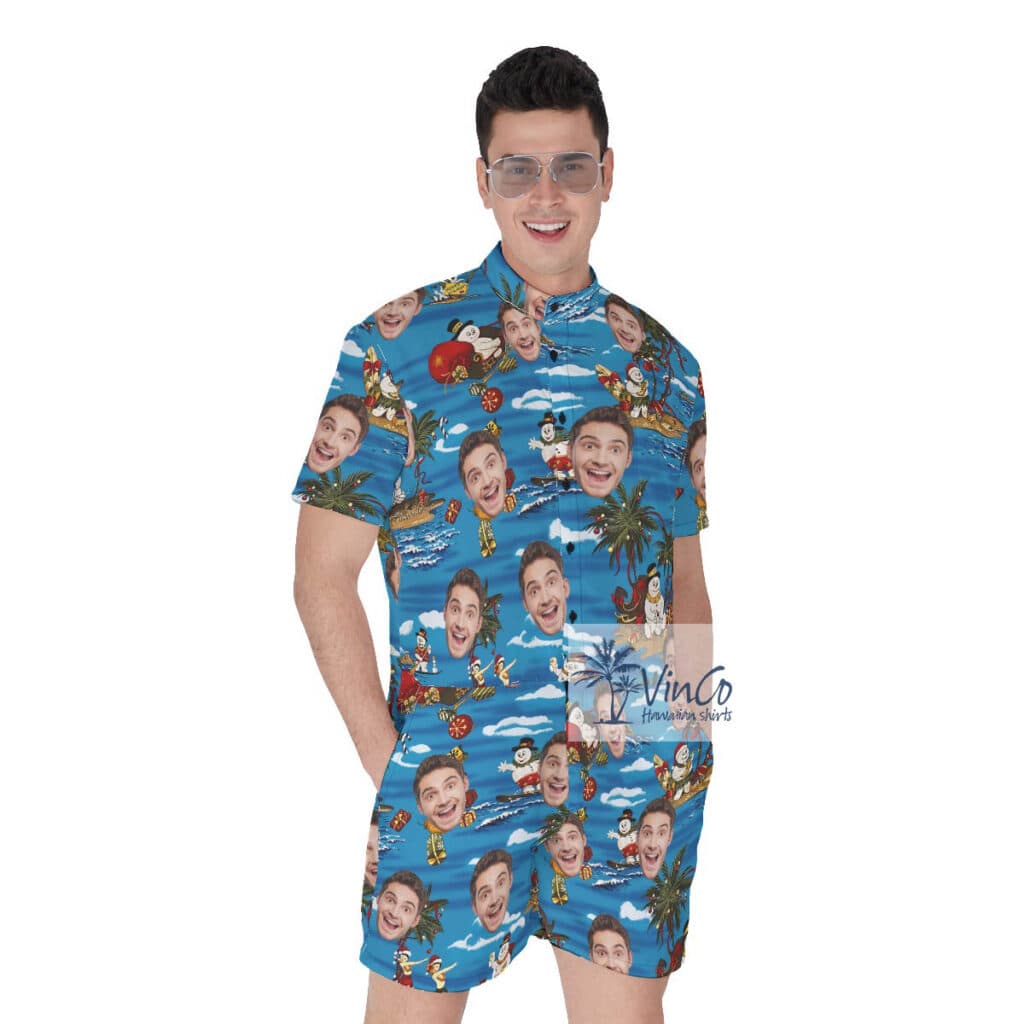 Funny Christmas Snowman Tropical Men's Hawaiian Romper With Custom Face