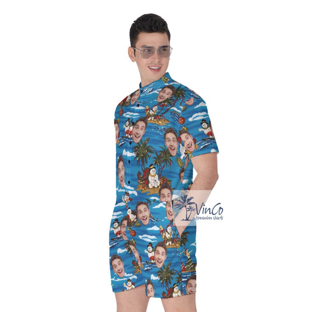 Funny Christmas Snowman Tropical Men's Hawaiian Romper With Custom Face