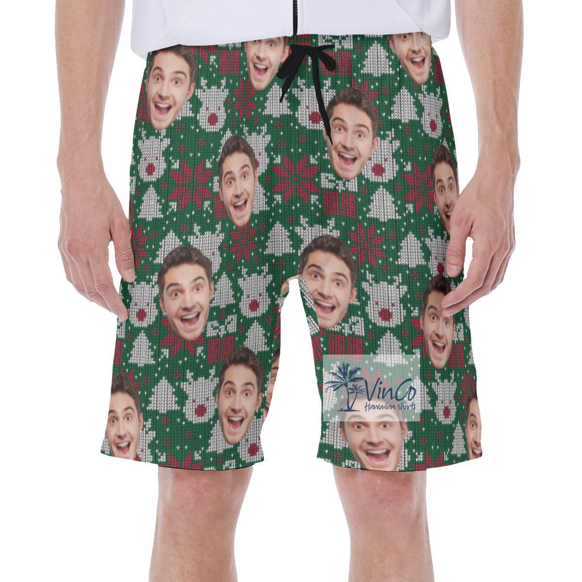 Funny Christmas Wool Knitting Patterns Custom Face Hawaiian Swimwear For Men