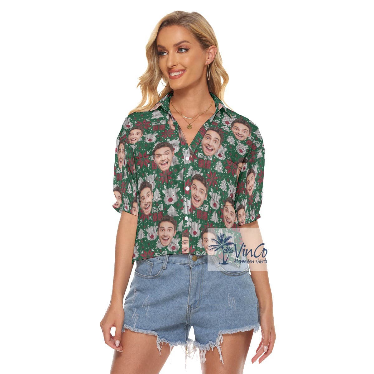 Funny Christmas Wool Knitting Patterns Hawaiian Cropped Shirt With Custom Face