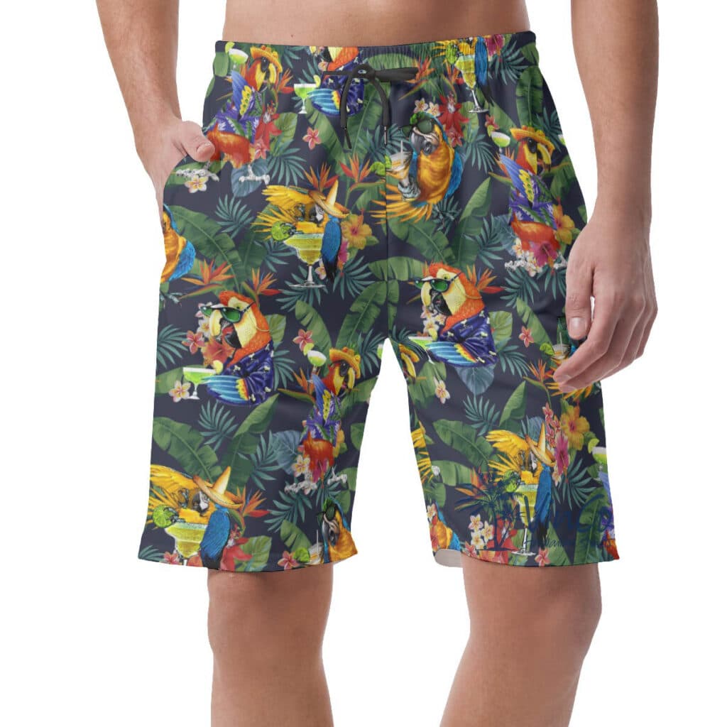 Funny Cocktails Parrot Tropical Hawaiian Beach Shorts For Men
