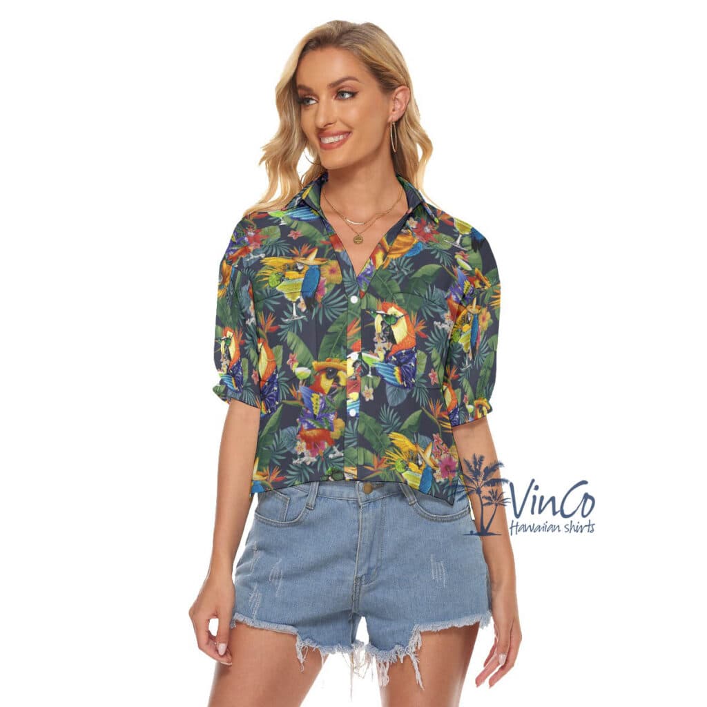 Funny Cocktails Parrots Tropical Hawaiian Crop Top Shirt For Women
