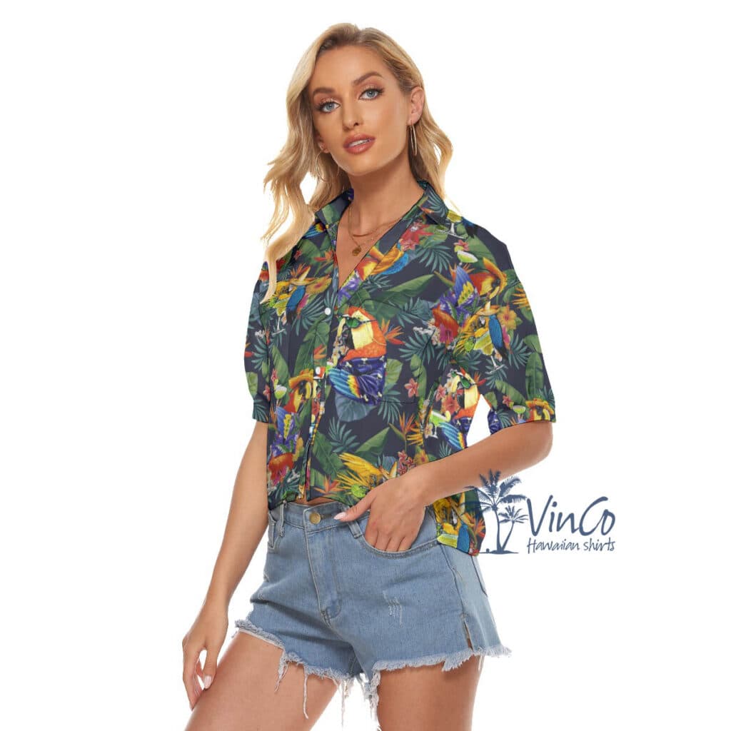 Funny Cocktails Parrots Tropical Hawaiian Crop Top Shirt For Women