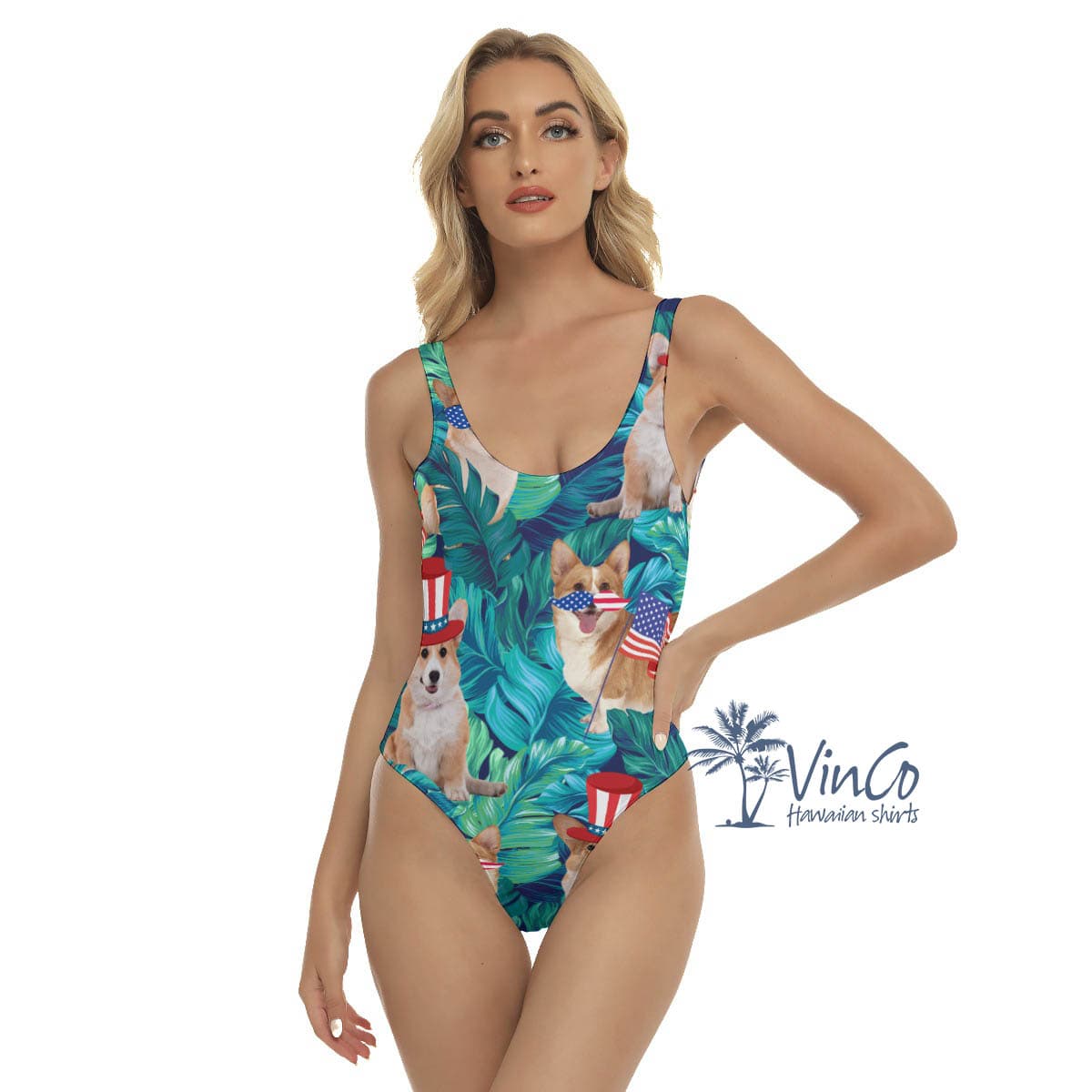 Funny Corgi 4th Of July Tropical Hawaiian Swimsuit