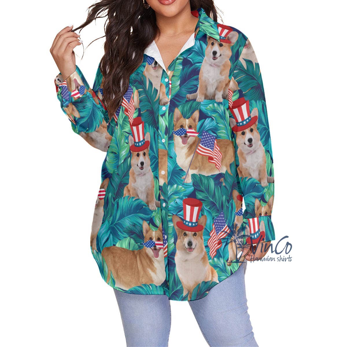 Funny Corgi 4th Of July Women's Hawaiian Plus Size Shirt