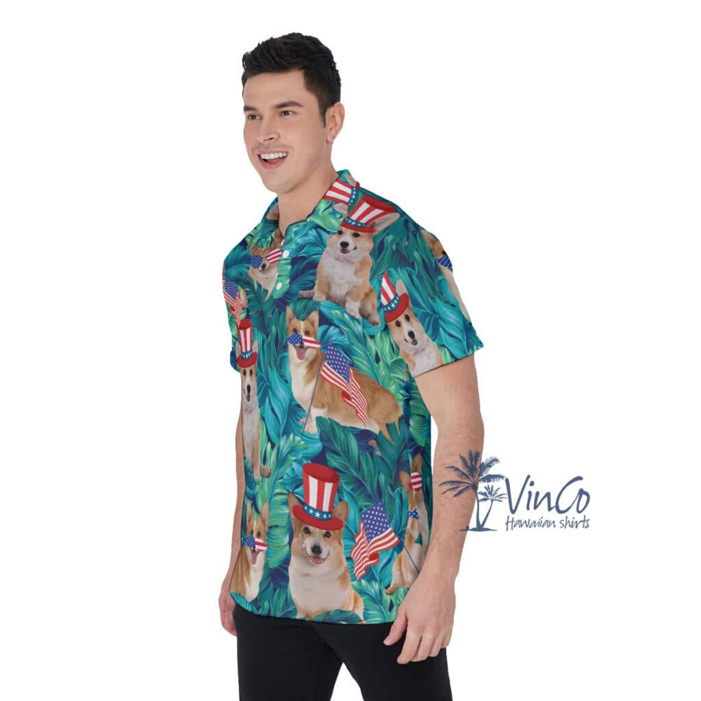 Funny Corgi American Flag Tropical Hawaiian Polo Shirt For Men