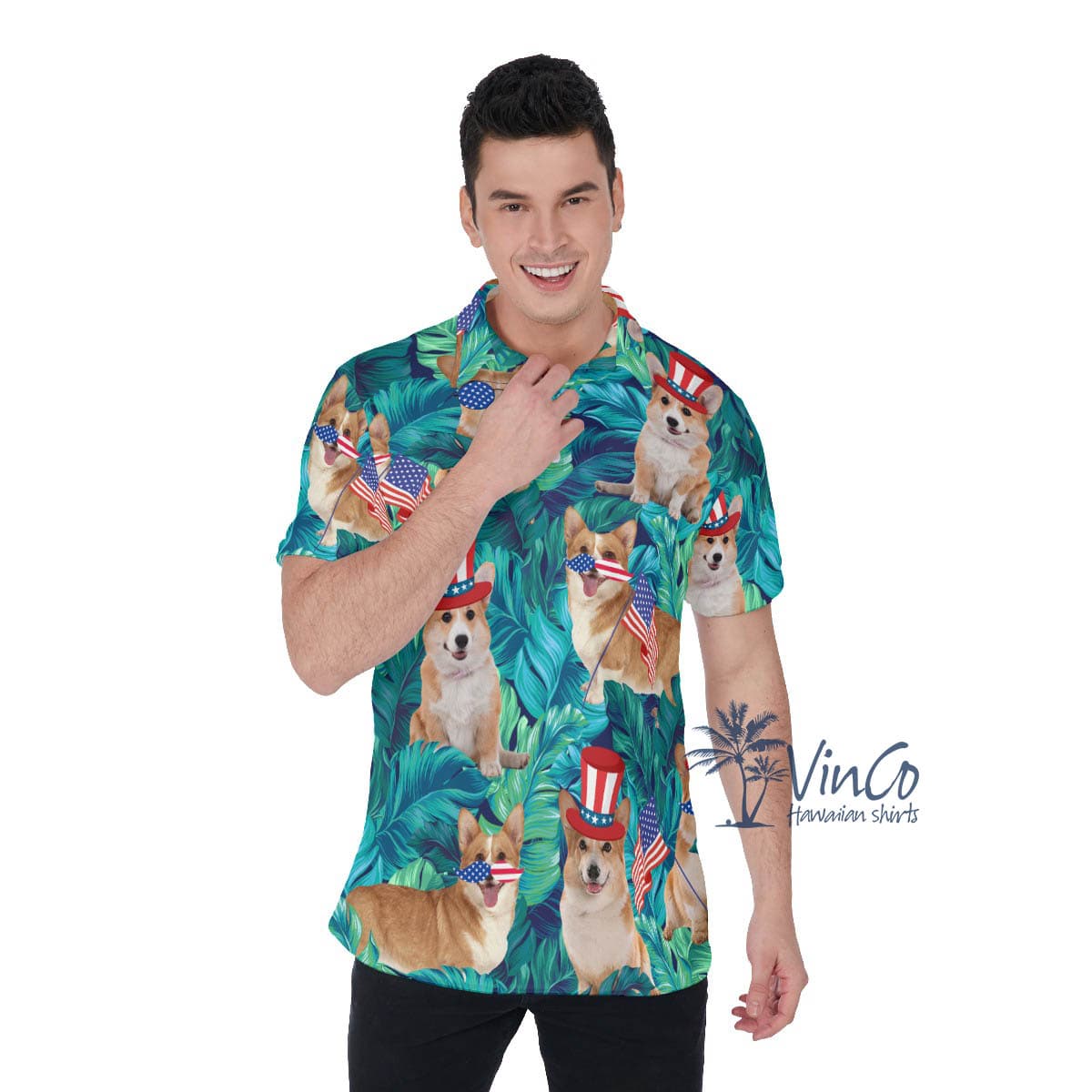 Funny Corgi American Flag Tropical Hawaiian Polo Shirt For Men
