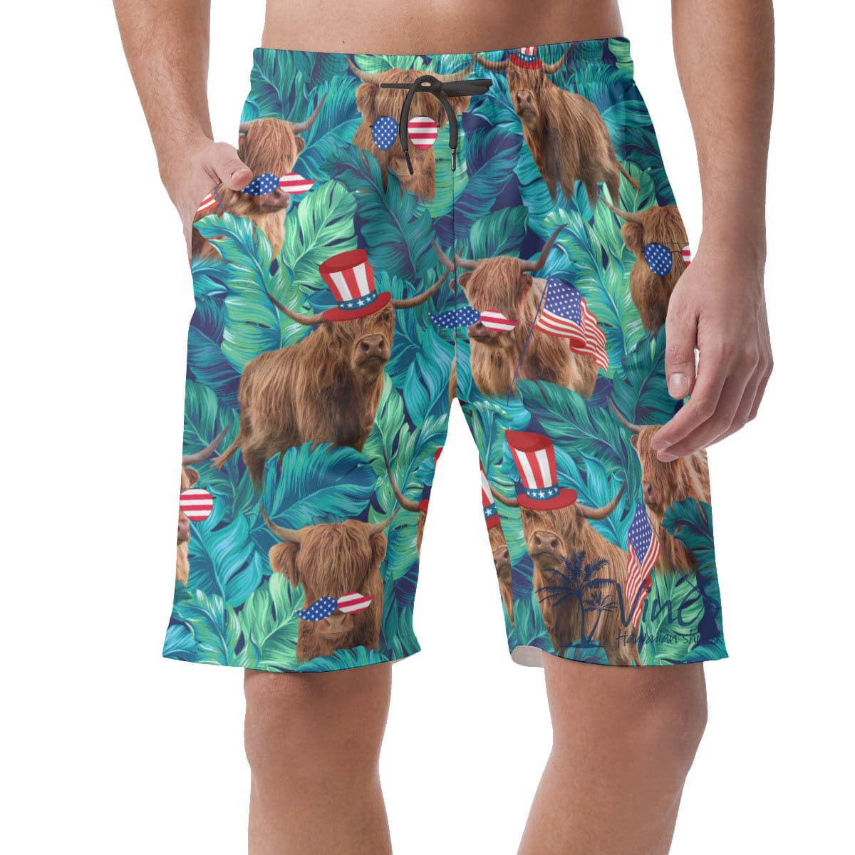Funny Cow With American Hat Tropical Hawaiian Beach Shorts For Men