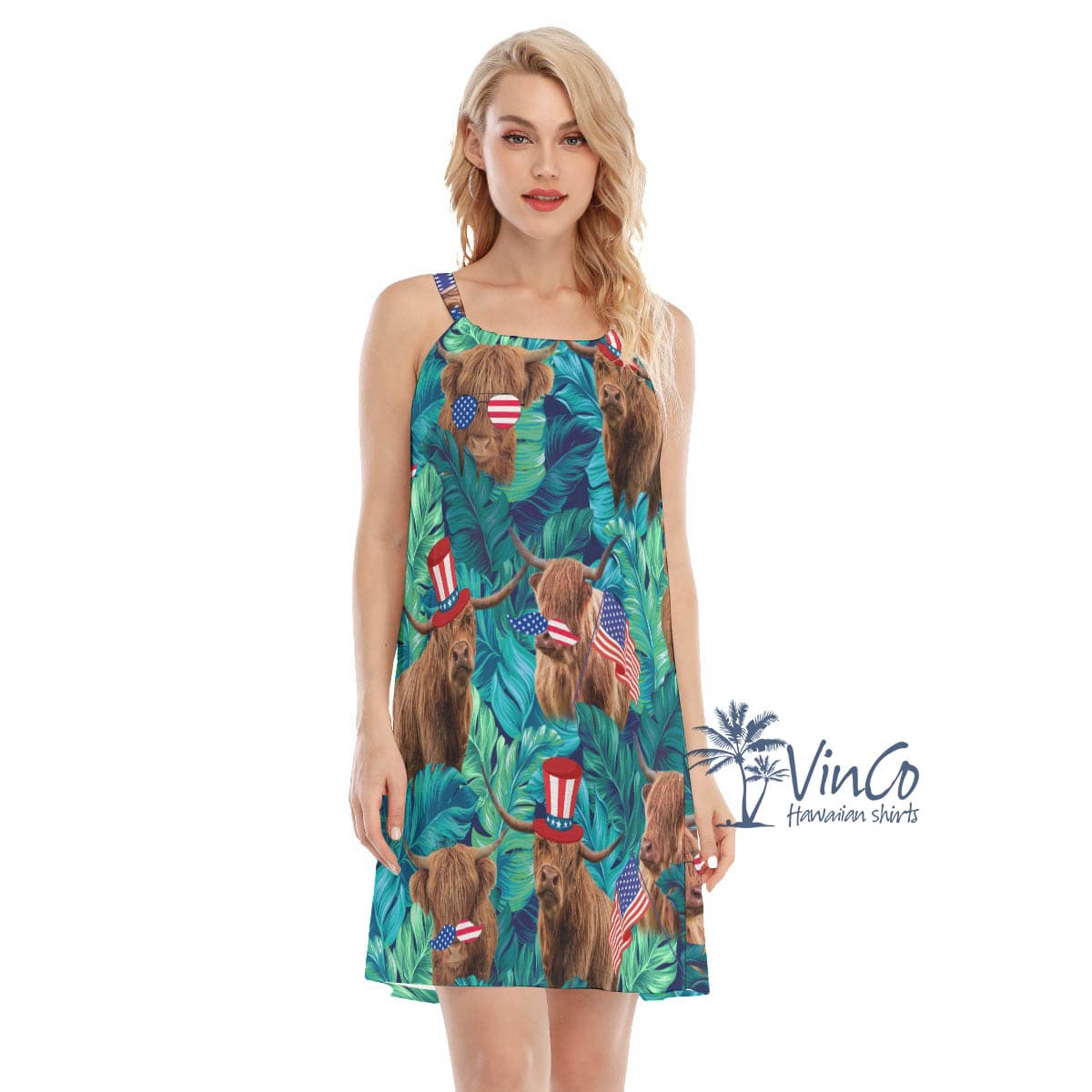 Funny Cow With American Hat Tropical Hawaiian Dresses For Women (4)