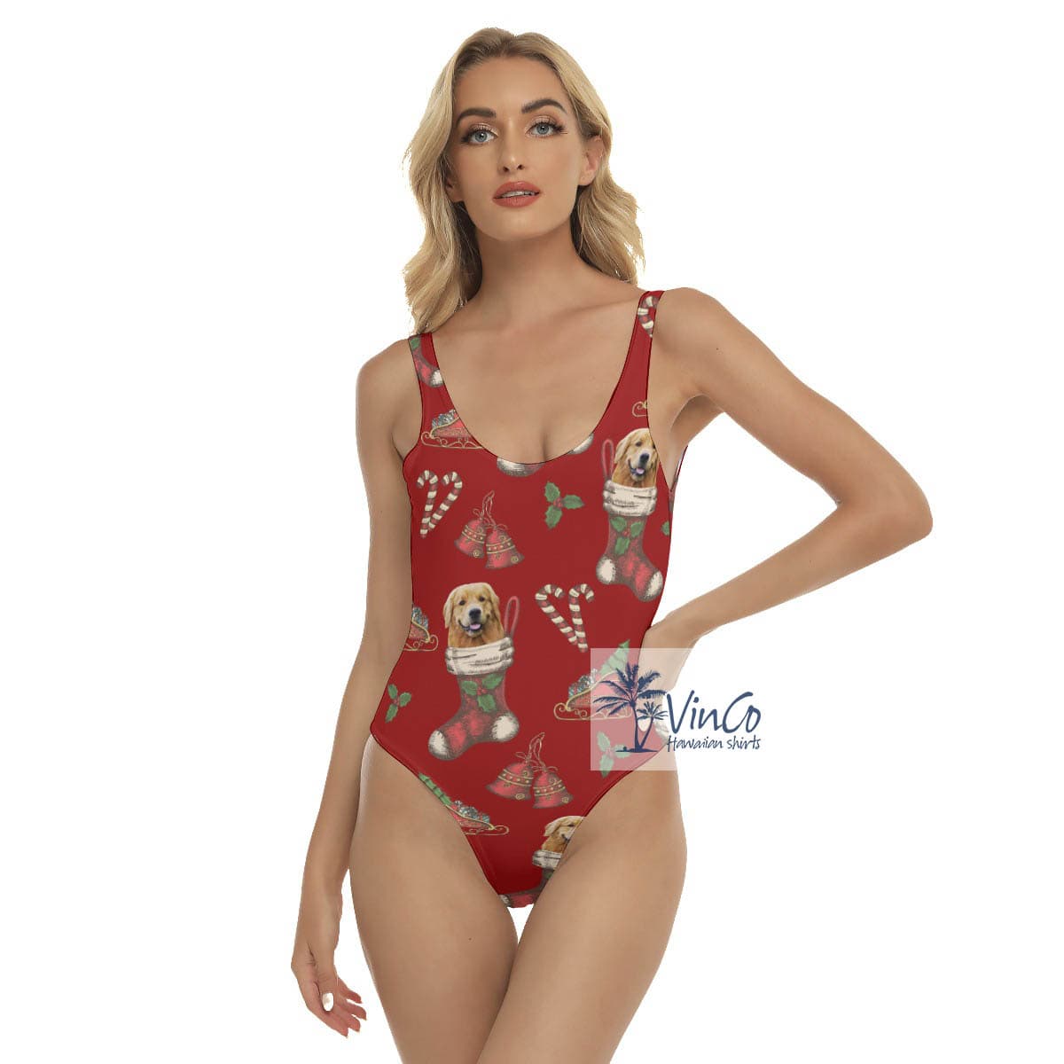 Funny Custom Christmas Hawaiian Swimsuit With Dog Face